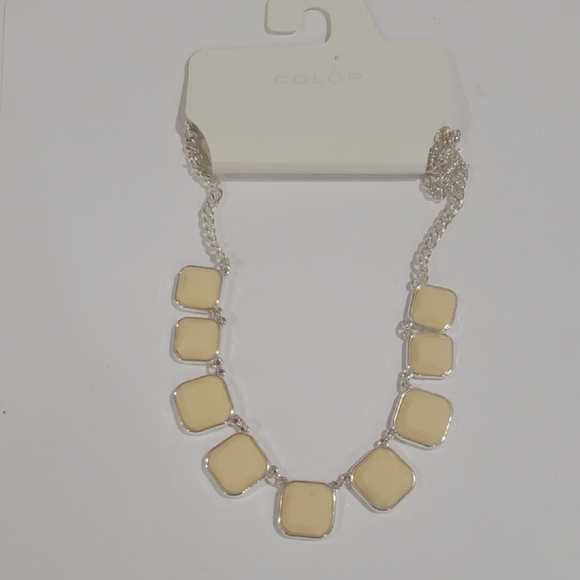 Silver-Tone & Beige Geometric Stone Necklace – Women’s Statement Fashion Jewelry - Picture 4 of 8